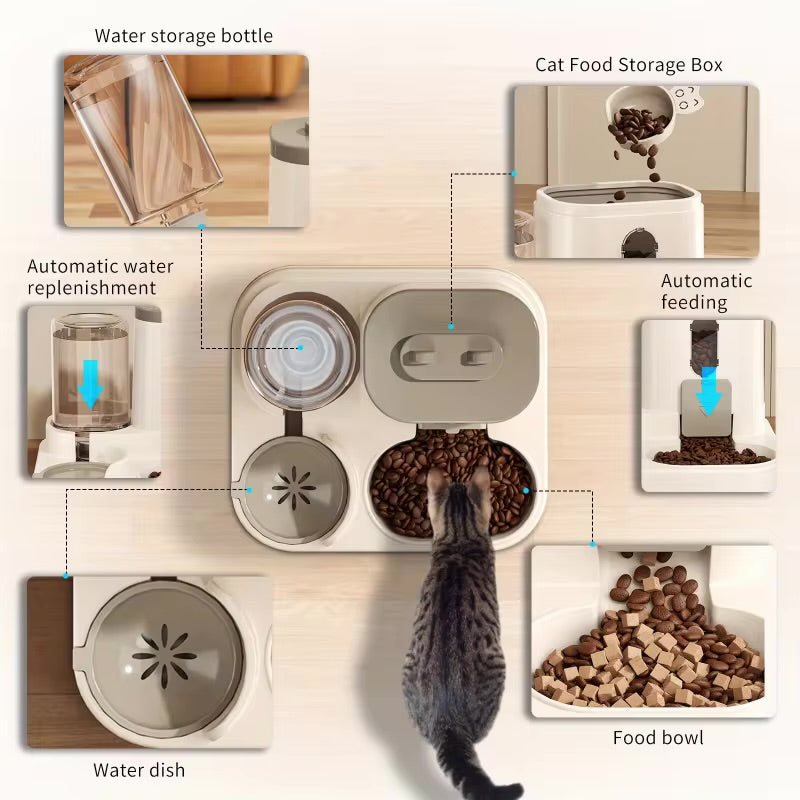Automatic feeder with water fountain and spill-proof design for cats and dogs